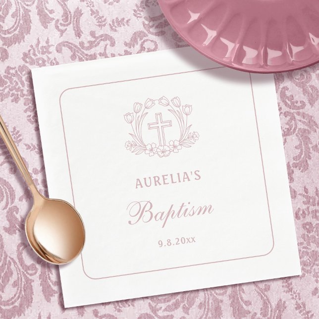 Servilleta De Papel Baptismo simple de la cruz rosa floral (Subido por el creador)