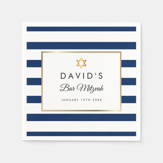 Servilleta De Papel Bar Mitzvah Azul Marino Blanco Raya Oro (Anverso)