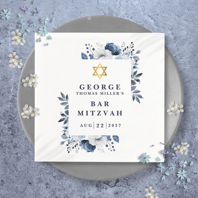 Servilleta De Papel Bar Mitzvah Bat Mitzvah Botánico Azul Marino (Navy Blue Botanical Bar Mitzvah Bat Mitzvah Napkins)