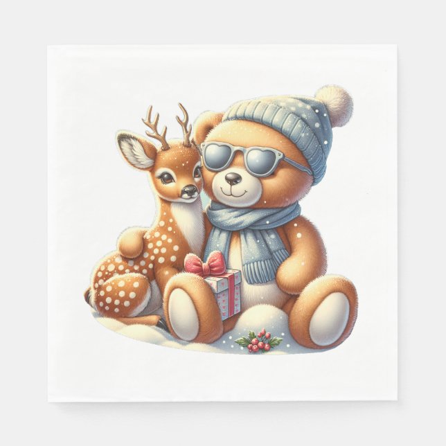 Servilleta De Papel Bärchen und sein Rehkitz im Schnee (Anverso)