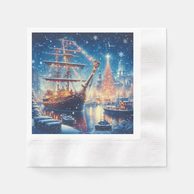 Servilleta De Papel barco atracado en Navidad/Invierno (Anverso)