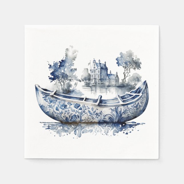 Servilleta De Papel Barco de estilo Delft azul y blanco con escena en  (Anverso)