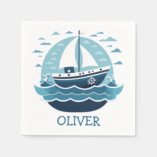 Servilleta De Papel Barco de vela azul lindo personalizado (Anverso)