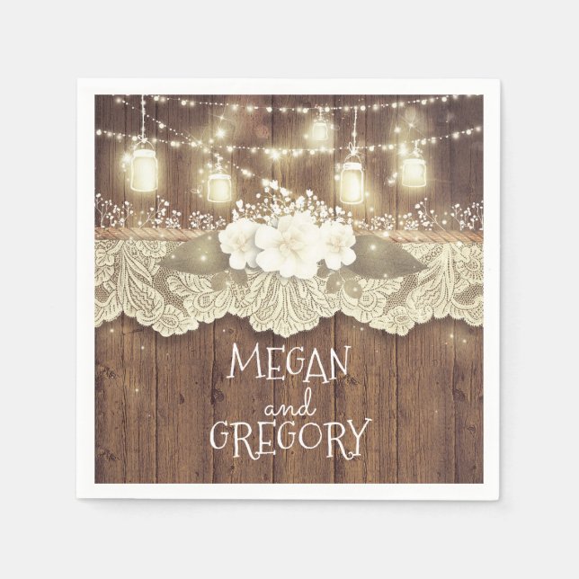 Servilleta De Papel Barn Wood Lace Luces Mason Jar Rustic Boda (Anverso)