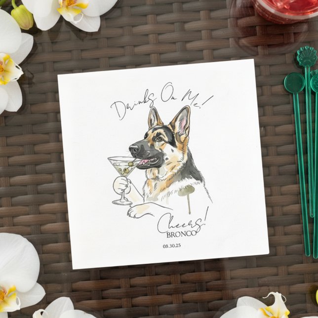 Servilleta De Papel Barra de apertura Hand Drawn German Shepherd Marti (Toast your pet with this custom hand drawn german shepherd martini cocktail napkin!)