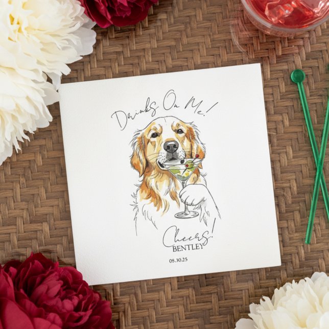 Servilleta De Papel Barra de apertura Martini de la mano dibujante de  (Toast your pet with this custom hand drawn golden retriever martini cocktail napkin!)