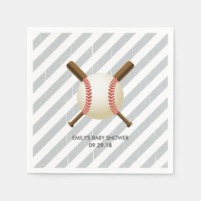 Servilleta De Papel Baseball Boy Gray Strips Baby Shower (Anverso)