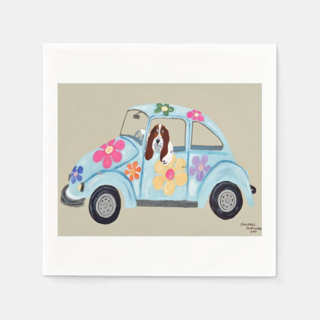 Servilleta De Papel Basset Hound en coche hippie (Anverso)