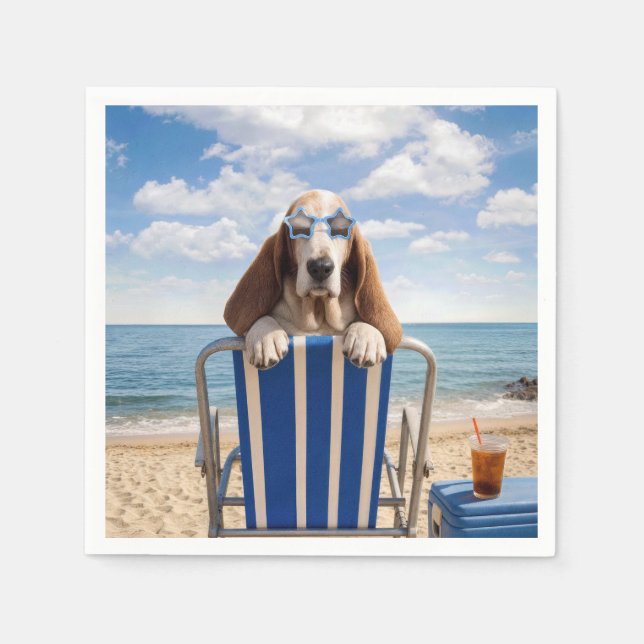 Servilleta De Papel Basset Hound en Silla de Playa (Anverso)