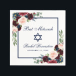 Servilleta De Papel Bat Mitzvah Burgundy Blue Floral<br><div class="desc">Bat Mitzvah Watercolor Borgoña Marsala Azul Papel Floral Napkin</div>