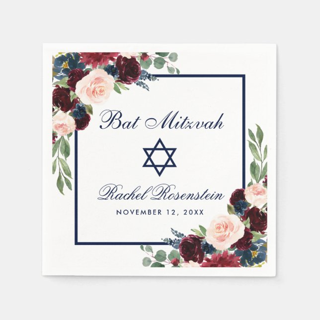 Servilleta De Papel Bat Mitzvah Burgundy Blue Floral (Anverso)