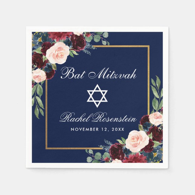 Servilleta De Papel Bat Mitzvah Burgundy Blue Floral Gold (Anverso)