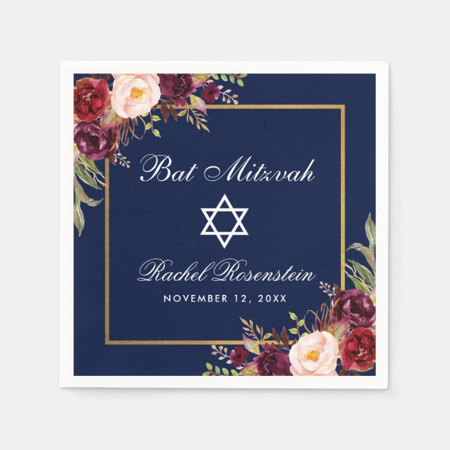 Servilleta De Papel Bat Mitzvah Burgundy Floral Gold (Anverso)