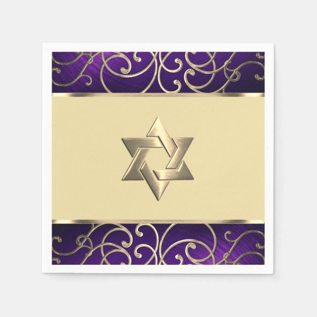 Servilleta De Papel Bat Mitzvah Elegant Purple and Gold Filigree (Anverso)