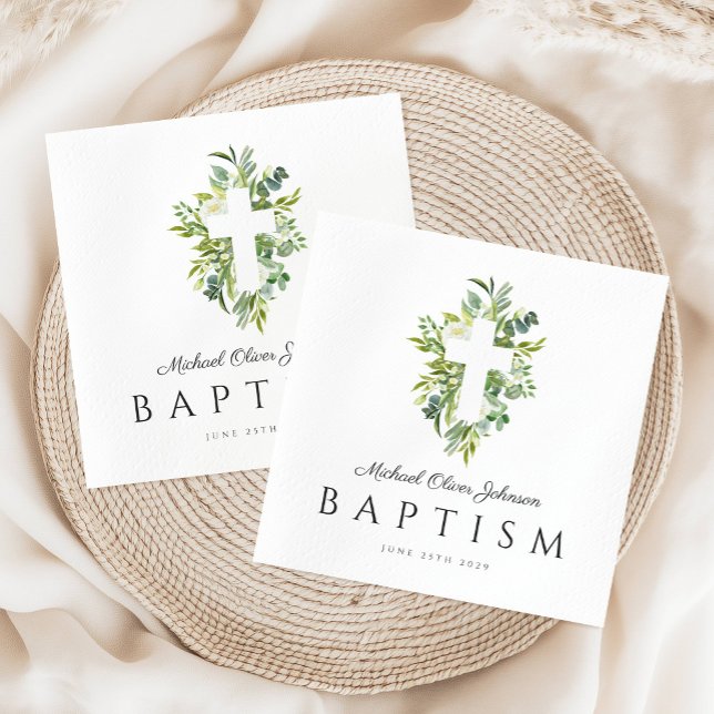 Servilleta De Papel Bautismo Botánico Verde Cruzado Religioso (Religious Cross Green Botanical Baptism Napkins)