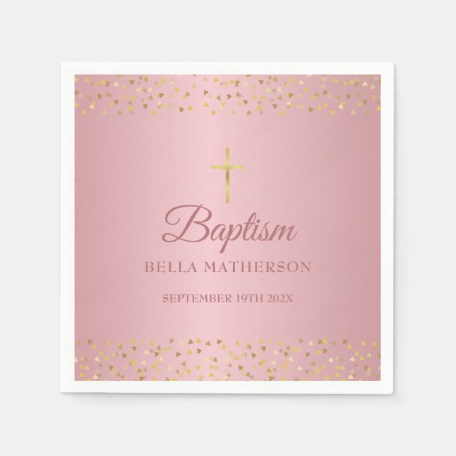 Servilleta De Papel Bautismo Christening Rosa Gold Hearts (Anverso)