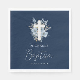 Servilleta De Papel bautismo cruzado floral azul marino