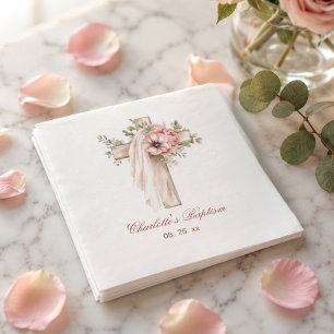Servilleta De Papel Bautismo de Cruz Floral Rosa Sonrojado