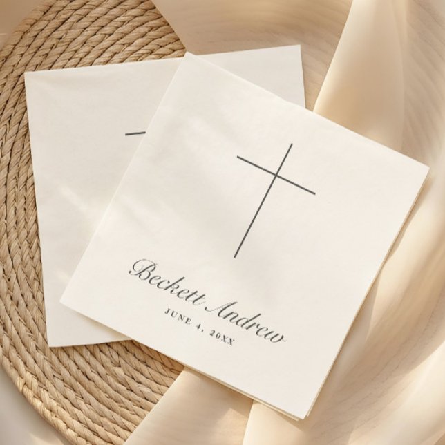 Servilleta De Papel Bautismo de Cruz Simple con Letra (Simple Black and White Cross Script Baptism, Christening or First Holy Communion Napkins.)