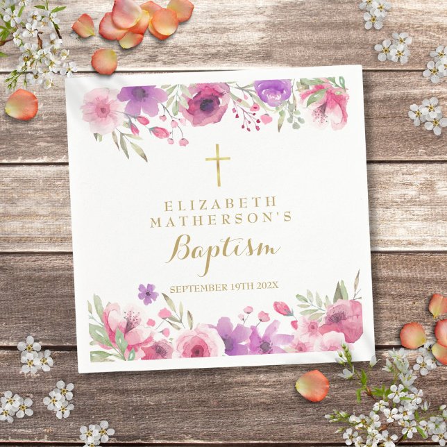 Servilleta De Papel Bautismo floral rosa (Pink Rose Floral Baptism Christening Napkins)