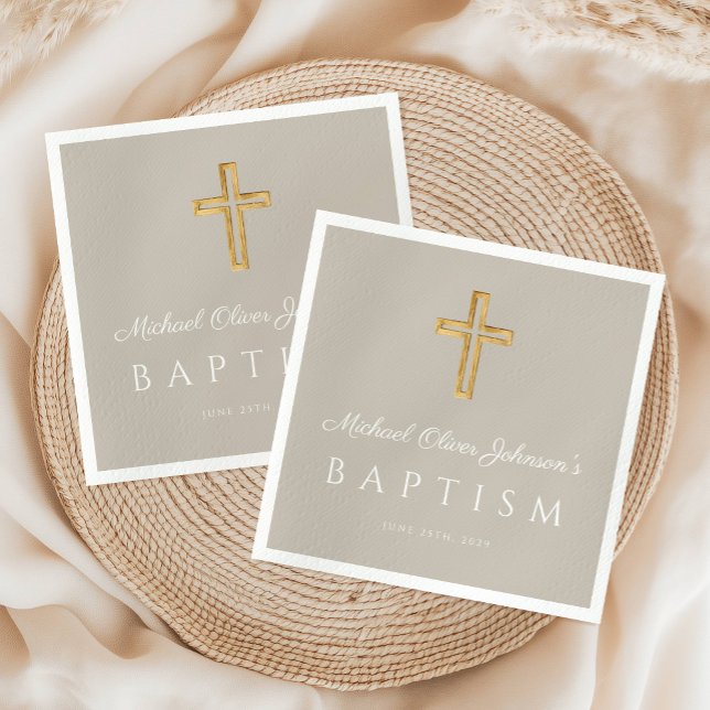 Servilleta De Papel Bautismo religioso en la franja taupica moderna (Modern Taupe Religious Cross Baptism Napkins)