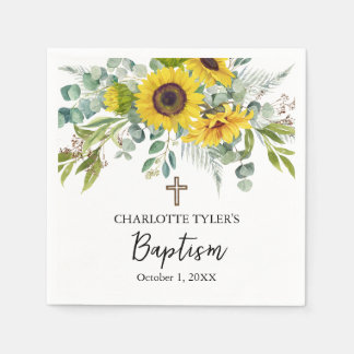 Servilleta De Papel Bautizo Boho de Girasol y Eucalipto Cruz