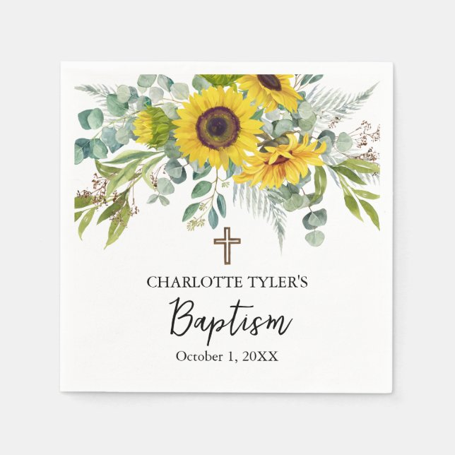 Servilleta De Papel Bautizo Boho de Girasol y Eucalipto Cruz (Anverso)