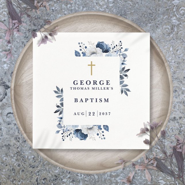 Servilleta De Papel Bautizo Botánico Moderno Azul Marino (Navy Blue Botanical Modern Baptism Napkins)
