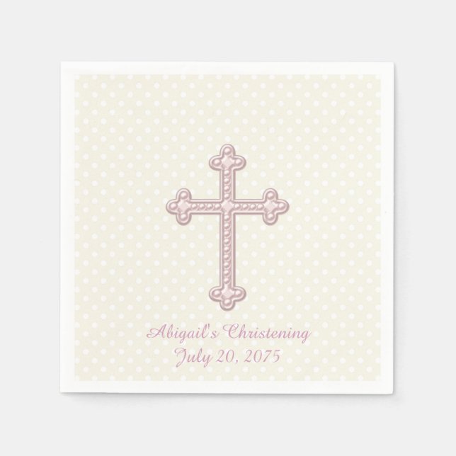 Servilleta De Papel Bautizo de cruz de marfil y rosa (Anverso)