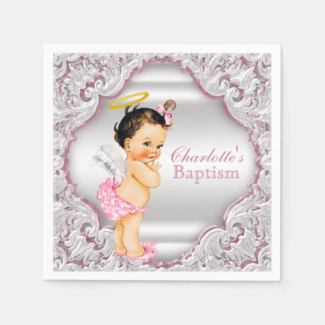 Servilleta De Papel Bautizo de niña ángel rosa (Anverso)