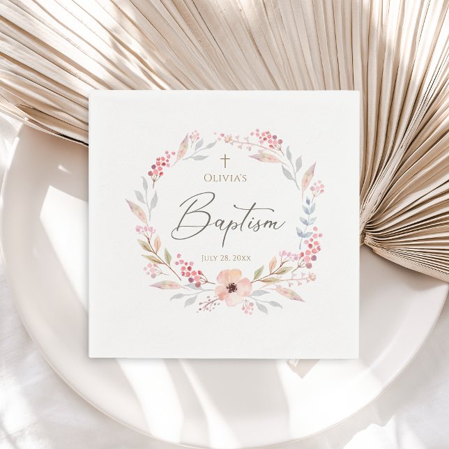 Servilleta De Papel Bautizo de niña con flores rosadas de rubor (Blush Pink Floral Girl Baptism Napkins)