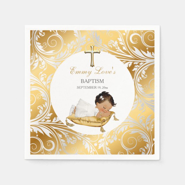 Servilleta De Papel Bautizo de niña étnica oro plata (Anverso)