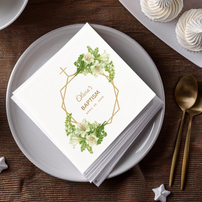 Servilleta De Papel Bautizo de Niña Flores Lirios Cruz Dorada Geométri (Subido por el creador)