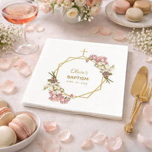 Servilleta De Papel Bautizo de Niña Orquídeas Florales Dorado Geométri