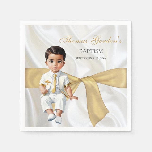 Servilleta De Papel Bautizo de Niño Blanco y Dorado (Anverso)
