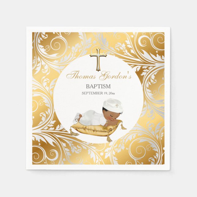 Servilleta De Papel Bautizo de niño étnico oro plata (Anverso)