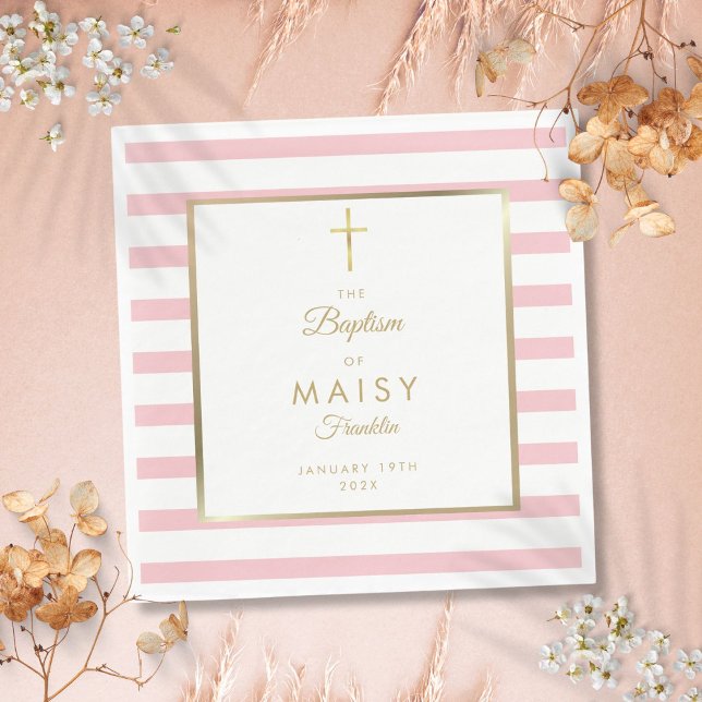Servilleta De Papel Bautizo de raya dorada y rosa (Gold And Pink Stripe Baptism Christening Napkins)