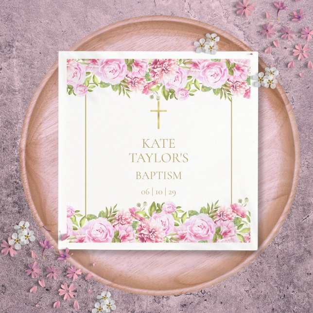 Servilleta De Papel Bautizo dorado de rosas rosadas florales (Gold Baptism Christening Pink Roses Floral Napkins)