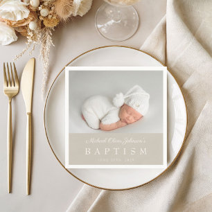 Servilleta De Papel Bautizo Elegante con Foto en Letra Script Beige