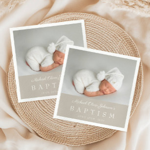 Servilleta De Papel Bautizo Elegante con Foto en Letra Script Beige