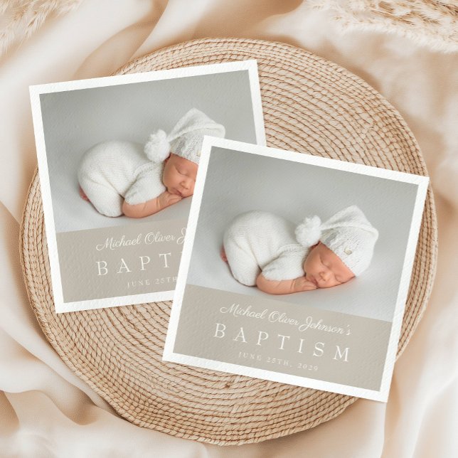 Servilleta De Papel Bautizo Elegante con Foto en Letra Script Beige (Elegant Taupe Script Photo Baptism Napkins)