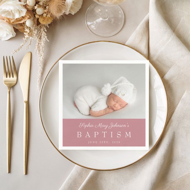 Servilleta De Papel Bautizo Elegante con Polvo Rosa y Letra Script Fot (Elegant Dusty Pink Script Photo Baptism Napkins)