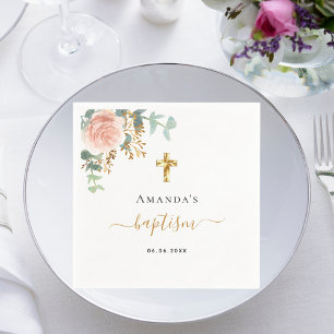 Servilleta De Papel Bautizo eucalipto rosa floral niña oro rosa