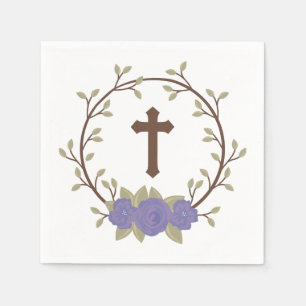 Servilleta De Papel Bautizo floral púrpura del bautismo de la cruz de