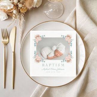 Servilleta De Papel Bautizo Foto Floral Elegante