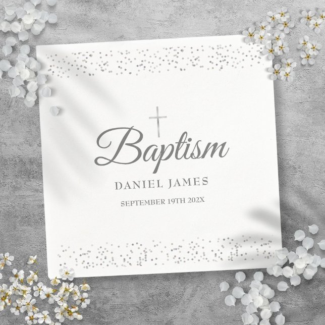 Servilleta De Papel Bautizo Polvo de Estrellas de Plata (Silver Stardust Baptism Christening Napkins)