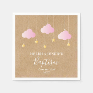 Servilleta De Papel Bautizo Rústico Nubes Rosadas Estrellas Doradas