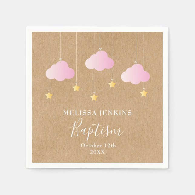 Servilleta De Papel Bautizo Rústico Nubes Rosadas Estrellas Doradas (Anverso)