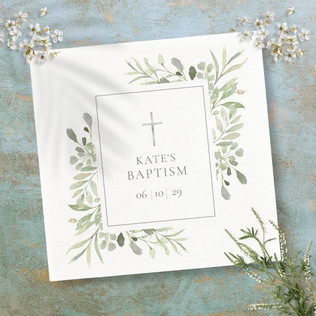Servilleta De Papel Bautizo Verde Acuarela Christening (Watercolor Greenery Baptism Christening Napkins)