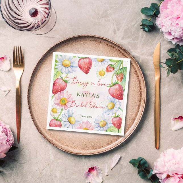 Servilleta De Papel Baya enamorada de fresa desayuno de novia impreso (Berry in love summer garden daisies strawberry bridal shower printed napkins personalized tableware)